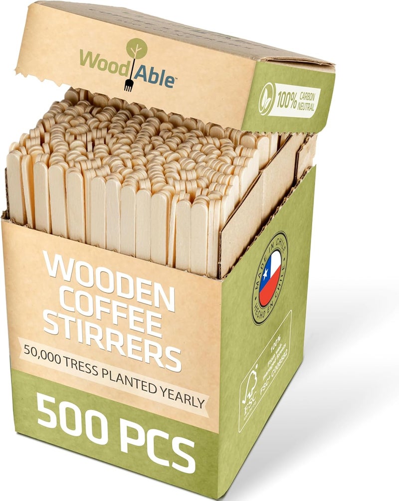 WOODABLE ملاعق قهوة خشبية بطول 5.5 بوصة، 500 قطعة، قابلة للاستخدام مرة واحدة وقابلة للتحلل، عصي قهوة خشبية | صديقة للبيئة، مستدامة، عضوية، قابلة للتحلل، مناسبة للنباتيين لمستلزمات محطات القهوة - Image 1